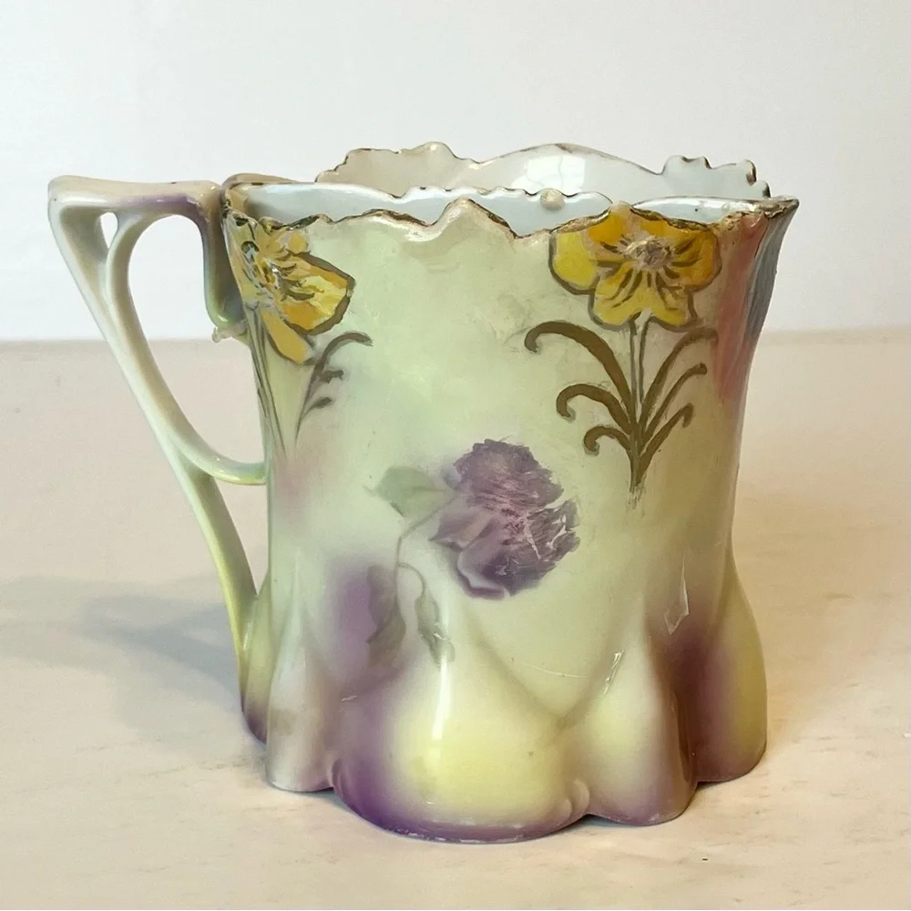VTG Lavender Floral Hand-Painted Porcelain Mustache Mug Cup Collectible‎